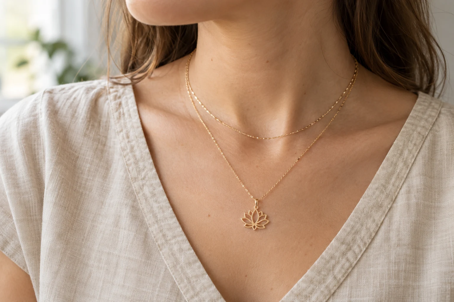 Spiritual Jewelry Symbols Guide- Meanings and How to Choose 4 Two fine necklaces with a small lotus pendant layered over a beige cotton top