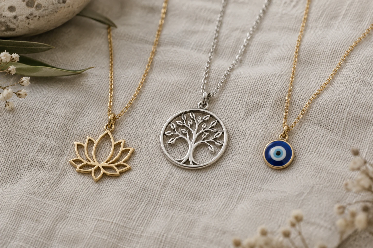 Spiritual Jewelry Symbols Guide- Meanings and How to Choose 2 Lotus, tree and blue eye-style pendant necklaces arranged on linen