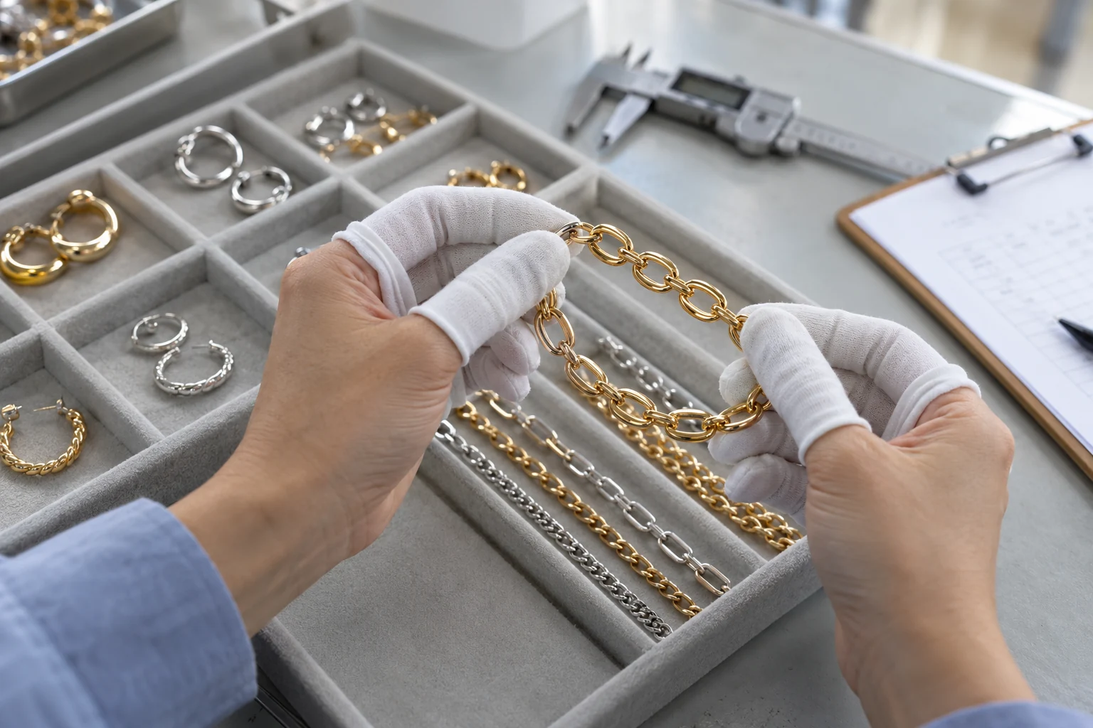 Gloved hands inspecting a gold-tone chain bracelet above trays of jewelry samples