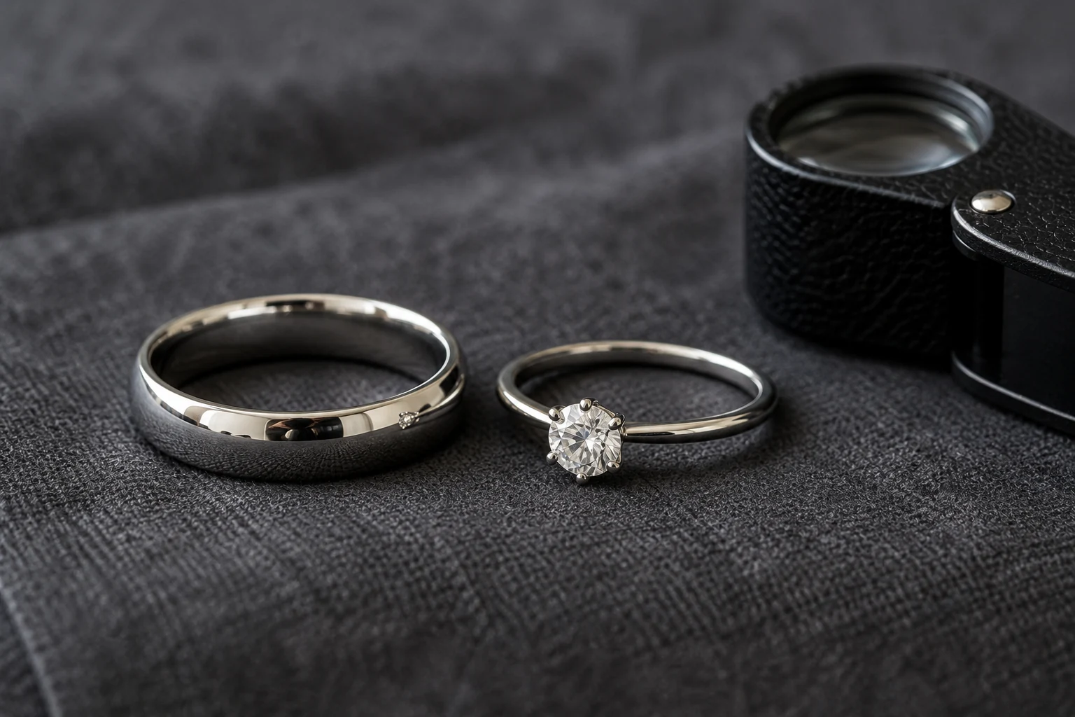 Jewelry Hallmarks Meaning Guide to Marks Stamps and Purity 2 White-metal ring and plain band beside a small jeweler's magnifier