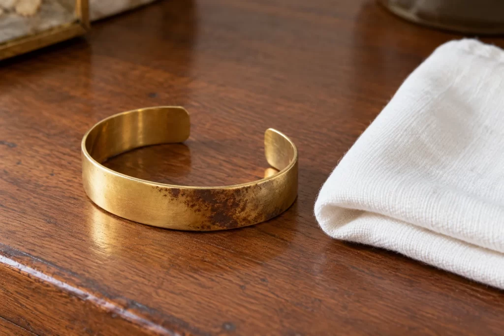 Does Brass Jewelry Tarnish? Finish-Specific Care Guide 1 Brass-colored cuff with a darker surface area beside a soft cloth