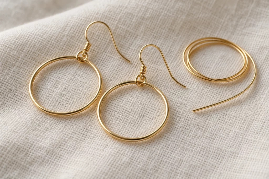 Gold-Filled Jewelry: Meaning, Markings and Buying Checks 1 Gold-colored hoop components and wire on linen