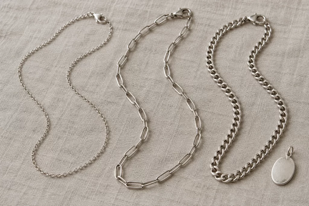 Types of Necklace Chains: Styles, Fit and Buying Checks 1 Three necklace chain profiles beside a separate oval pendant