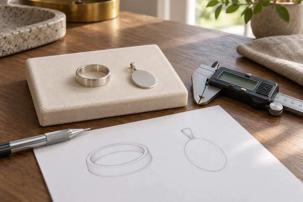 Custom Jewelry Quote: RFQ Template and Cost Comparison 1 Jewelry samples, a caliper and a drawing at a desk