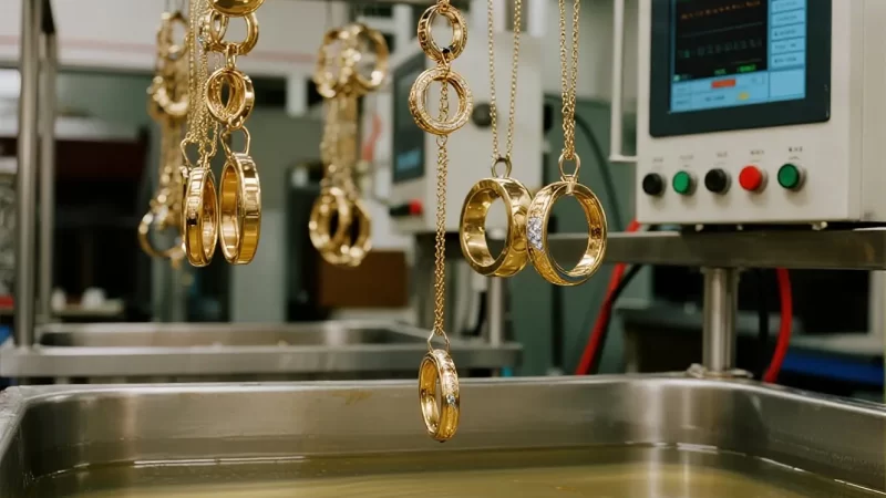 jimeng-2025-08-01-1485-State-of-the-art gold electroplating fac… gold rings from a rack in a plating process